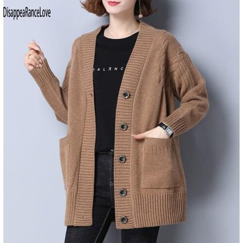 Cardigan Women Full Sleeve V-neck Solid Button Oversize Retro Lazy Students Korean Style Fashion All-match Simple Sweater Female