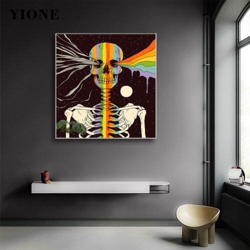 Rainbow Skull Canvas Painting Abstract Dark Skeleton Starry Sky Poster Prints Creative Wall Art Picture for Home Interior Decor