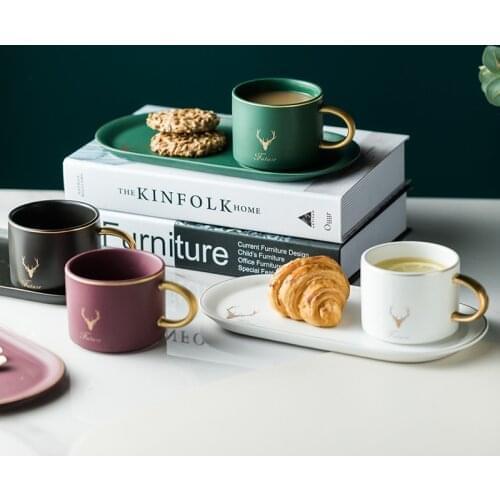 Gold Rim Ceramics Coffee Cups Mug And Saucers Spoon Sets With Gift Box Tea Soy Milk Breakfast Mugs Dessert Plate Christmas Cup