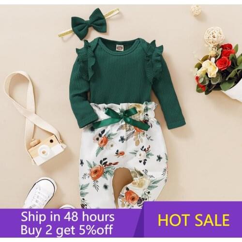 3Pcs Baby Girl Outfit Set Newborn Toddler Girls Clothes Ruffle Long Sleeve Romper Bodysuit +Floral Bow Pants+Headband Infant