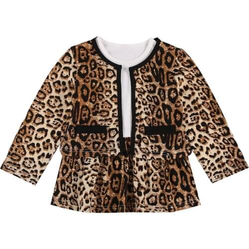 1-6Years Retro Style Leopard Print Dress Set Long Sleeve Short Patchwork Dress + Fashionable Topcoat Childrens Clothing