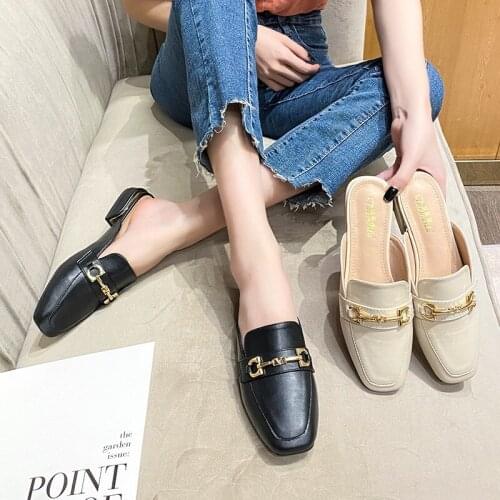 Leather Mules Women Shoes Chunky Heels Slippers Metal Decoration Square Toe Slides Big Sized Sandals Fashion Shallow Loafers