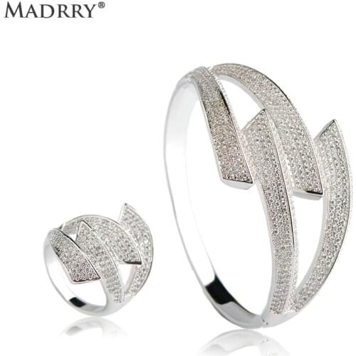 Madrry Personality Big Bangle & Ring Jewelry Sets AAA Zircon Inlay Copper Metal Women Luxury Wedding Accessories Pulseira Joias