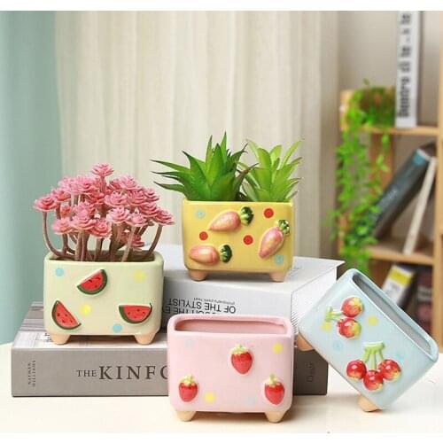 Korean Ins Hand Painted Cute Fruits Ceramic Succulent Flowerpot Rectangular Plant Potted Creative Gardening Balcony Decoration