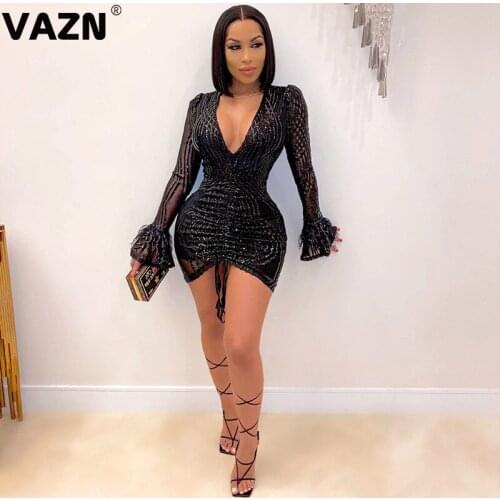 RMSFE 2021 European And American Large Size Long Sleeve V-Neck Autumn And Winter Sexy Sequin Ostrich Hair Nightclub Dress