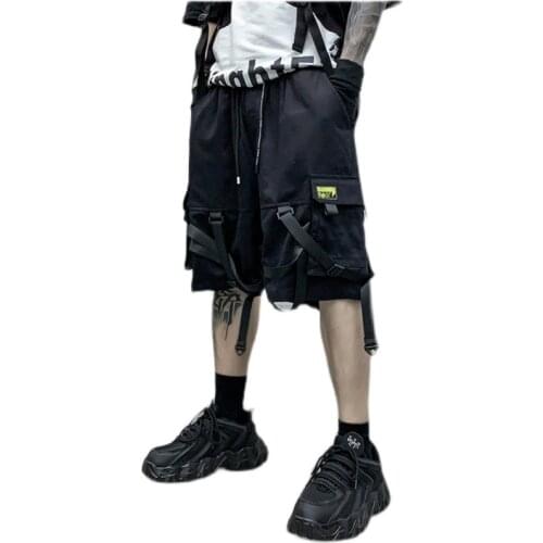 2021 Summer Shorts Men Black Ribbons Streetwear Bermuda Man Shorts Multi-pocket Punk Casual Knee Length Short Pants Men