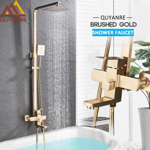 Quyanre Brushed Gold Shower Faucets Set Rainfall Shower With 3-way H/C Mixer Tap Wall Mounted Bathtub Shower System Shower Mixer