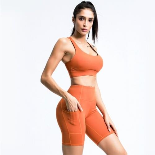 New Euramerican Short 5 Cent Pants Yoga Suit Cross Shock Resistant Bra High Waist Pocket Peach Yoga Suit 2 Piece Set