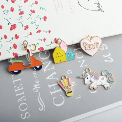 10pcs DIY Enamel Charms Motorcycle Badminton Heart Shaped Unicorn House Pendant Jewelry Finding Gold Tone Charms Accessory YZ641