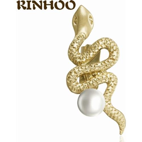 RINHOO Unique Design Gold Color Snake Brooches Women Men Elegant Lady Metal Pearl Snake Animal Brooch Pins Party Jewelry Gifts