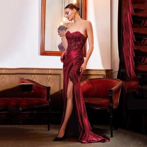 Sexy Mermaid Prom Dress Sweetheart Sleeveless Pleat See-through Appliques Party Gowns High Slit Formal Evening Dresses