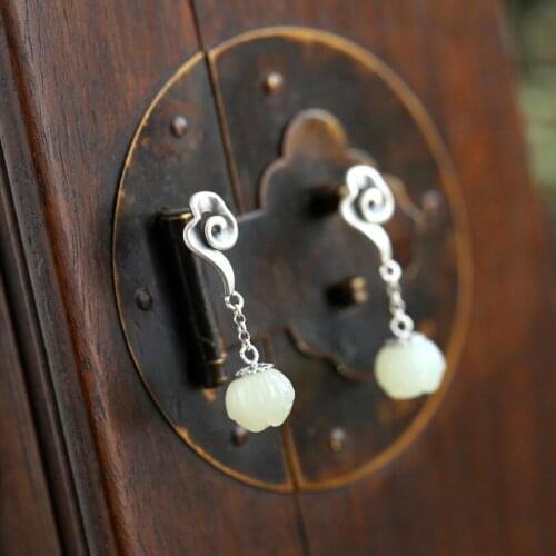 {Lotus Mud Tang} S925 Silver Natural Hetian Jade Xiangyun Lotus Flower Lotus Seedpod Earrings Retro Ethnic Style Earrings