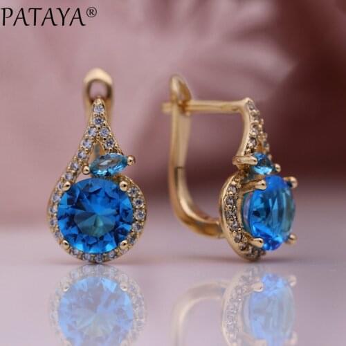 PATAYA New Women Fine Noble Horse Eye Dangle Earrings 585 Rose Gold Round Blue Natural Zircon Wedding Party Cute Fashion Jewelry