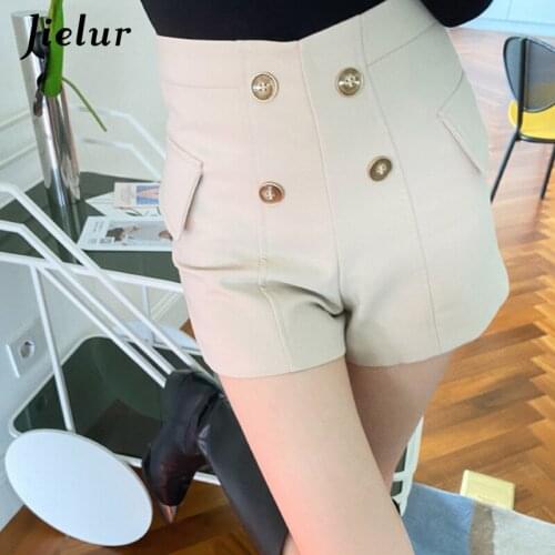 Jielur 2021 Summer Korean Style High Waist A-line Womens Shorts Wide-legged Casual Woman Shorts Double-breasted Black Shorts