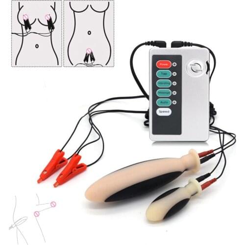 Electric Shock Silicone Anal Plug Nipple Clamps Labia Clip Clit Stimulator Sex Clamp Vagina Anal Massager Sex Toys For Men Woman