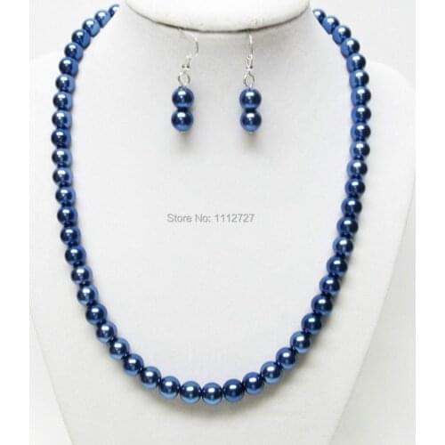 Discount!!DIY stunning 8mm Fashion Blue Sea Shell Pearl Necklace Earring 1Set 18" beads jewelry making AAA+++ about52pcs/strands