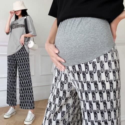 Spring Summer Thin Letter Printed Chiffon Maternity Pants Wide Leg Loose Straight Beach Pants for Pregnant Women Pregnancy