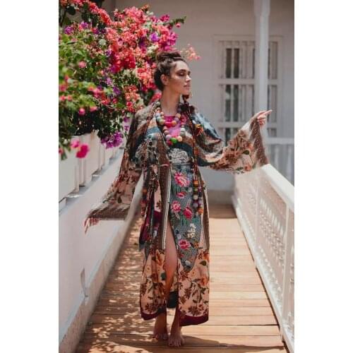 Print Floral Vintage Kimono Holiday Flare Sleeve Beach Cover Up With Sashes Slit Boho Vintage Long Cardigan