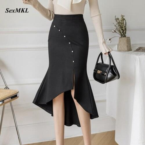 Plus Size Black Skirts Women 2021 Fashion High Wiast Long Skirt Beading Korean Style Clothing Elegant Office Faldas Mujer Moda