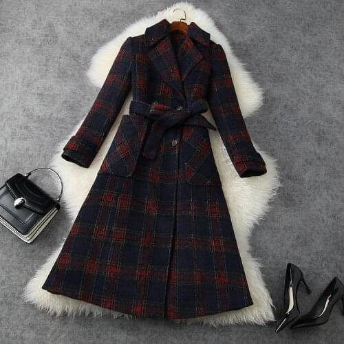 European and American womens wear 2020 winter new style Long-sleeved suit collar check print Fashionable belted woolen coat
