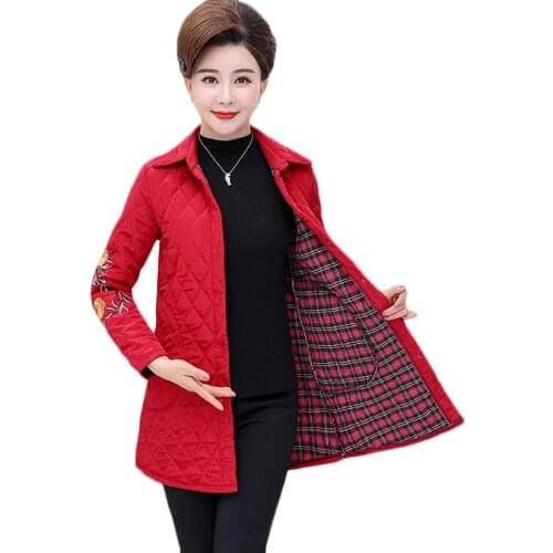 Middle-aged womens Plus cotton Warm Embroidery Shirts Autumn Winter Plus size Womens Casual long Cotton Jacket Coat 5XL F925