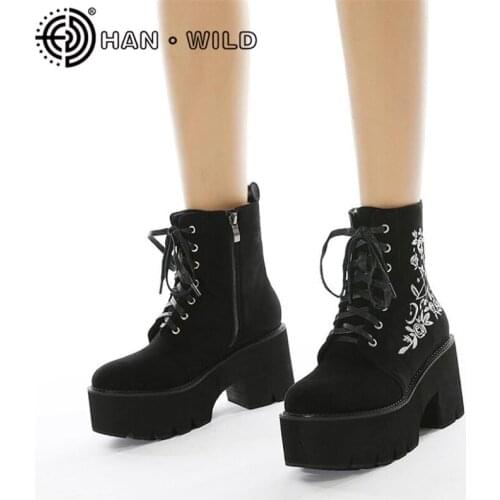 Plus Size 35-42 Gothic Women Shoes Flock Leather Embroidery Martin Boots Ladies High Heels Ankle Boots Female 8CM Platform Boots
