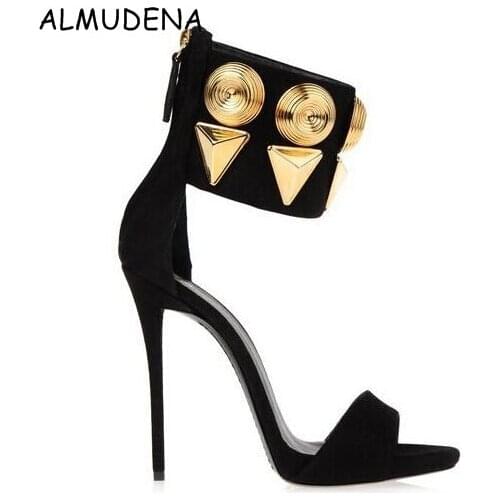 Women Gold Rivet Black Suede Ankle-Wrap Thin High Sandal Fashion Sexy Party Nightclub shoes