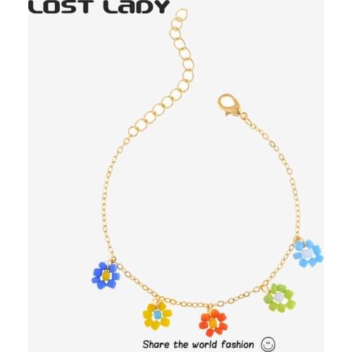 Lost Lady New Fashion Gold Color Alloy Chain Bracelet For Women Rhinestone Flower Pendant Bracelet Wholesale Jewelry Party Gifts