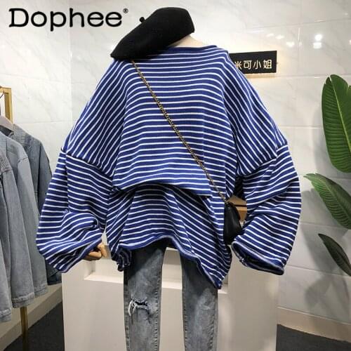 2021 Spring and Autumn Korean Style Curl Striped Top Wide Sleeve Crew Pullover Sweater Female Loose and Lazy Student Knitwear