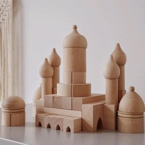 55pcs/set Big Wooden Castle Building Blocks Toys Montessori Stacking Toys For Children Construction Building Toys Set