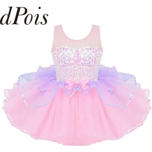 Ballet Tutu Dress for Girls Ballerina Tulle Costume Shiny Sequins Mesh Splice Bowknot on Waist Ballerina Dress Kids Dancewear