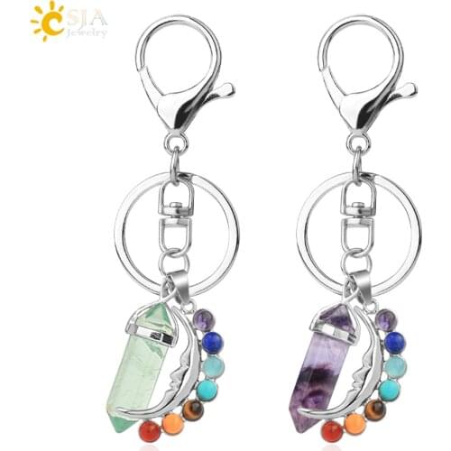 CSJA Keychain Natural Stone Reiki 7 Chakra Green Purple Fluorite Half Moon Charms Lobster Clasp Key Holder for Backpack Car G370