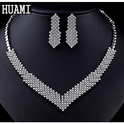 HUAMI V Shape Chain Necklace for Women Jewelry Sets Earrings Fashion Simple Style BridalWedding Joyeria Fina Para Mujer Necklace