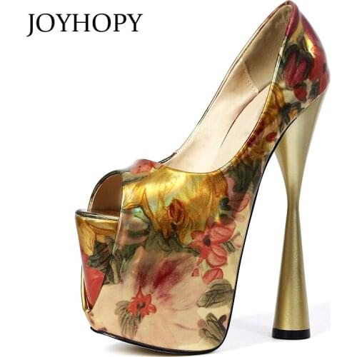 JOYHOPY Summer 19cm Thick Heels Platform Women Pumps Patent Leather Printing Peep Toe High Heels Plus Size 34- 43 Shoes WP1082