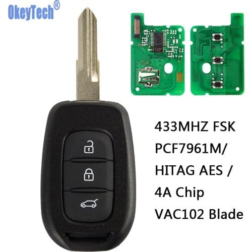 OkeyTech Remote Car Key 433MHz Fob 3 Buttons For Renault Sandero Megane Duster Logan PCF7961M HITAG AES 4A Chip VA2 VAC102 Blade