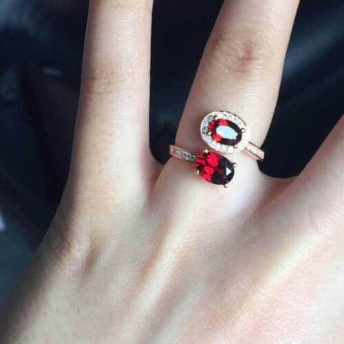 Natural red garnet gem Ring Natural green peridot amethyst ring S925 silver trendy Couple double Adjustable womens Jewelry