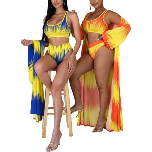 3Pcs Bikini Set Strap Bra with Briefs and Coat Color Blocking Swimwear Set Printed Split Triangle Bikini without Underwire Unpad