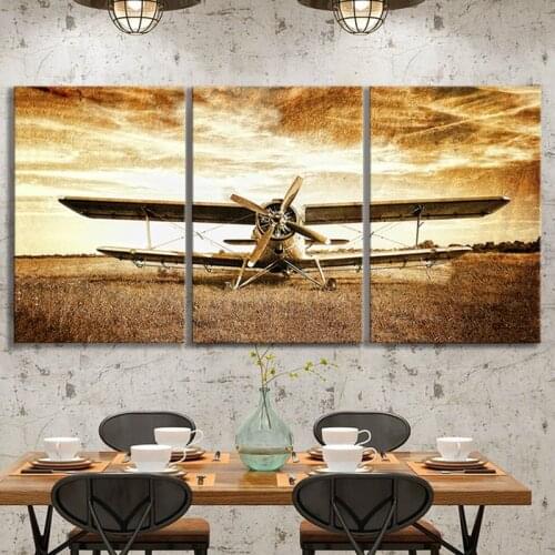 3 Pieces Retro Style Old Biplane Wall Paintings Vintage Airplane Poster HD Wall Pictures for Living Room Home Decoration