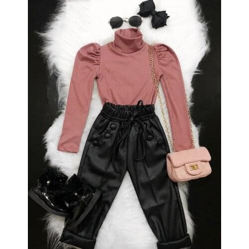 Children Girls Spring Autumn Clothes Sets Outfit 2pcs Solid Long Sleeve Pullover Tops PU Leather Pants Kid Clothing Sets