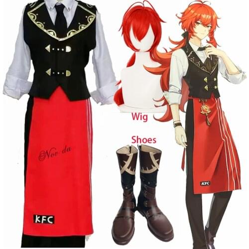 Game Genshin Impact Diluc Cosplay Costume KFC Diluc Genshin Cosplay Men Waiter Uniform Wig Anime Halloween Party Outfit