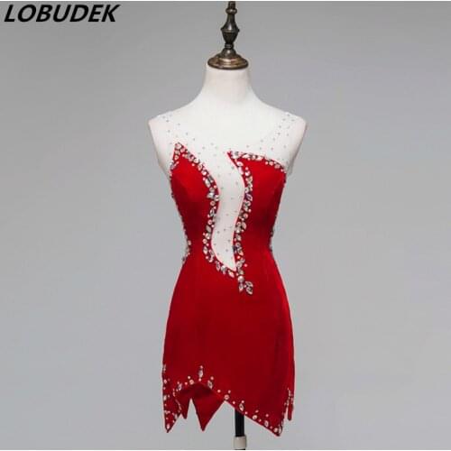 Red Female Latin Dance Costume Dance Group Performance Stage Wear Dancer Match Dance Clothing Sparkly Crystals Slim Short Dress