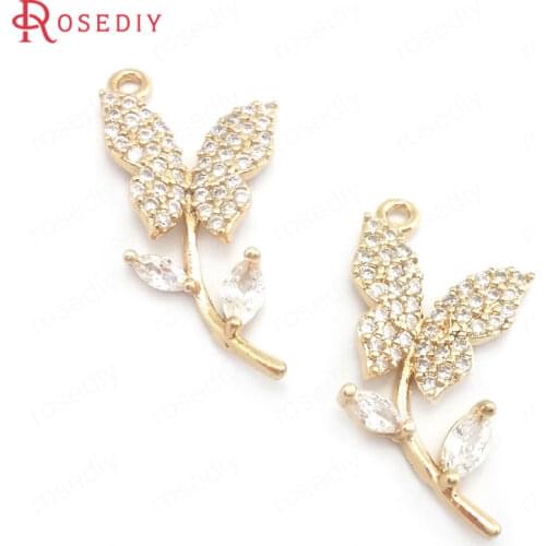 39989)6PCS 11x24MM 24K Champagne Gold Color Brass and Zircon Butterfly Flower Charms Pendants Jewelry Making Supplies Findings