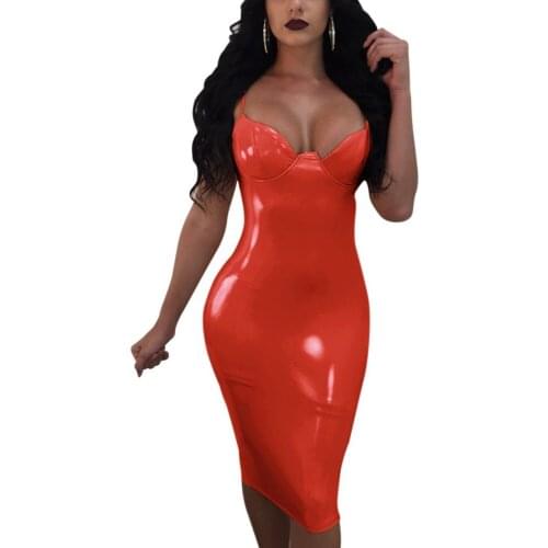 Summer Sexy Dress PVC Bodycon Evening Party Dress Slim Dresses For Women Shiny Vestido De Festa Faux Leather Clubwear Midi Dress