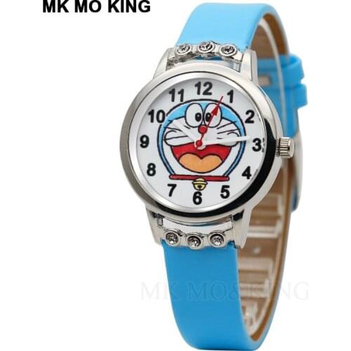 Hot Selling Classic Blue Robot Cat Cartoon Children Quartz Watch Boy Girl Rhinestone Casual Leather Waterproof Clock