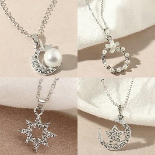 Fashion Crystal Moon Star Flower Pearl Necklace Simple Silver Color Clavicle Chain Charm Necklace for Women Party Jewelry Gifts
