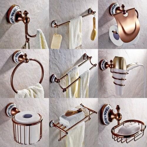 Rose Red Gold Color Brass Ceramic Bathroom Accessories Set Bath Hardware Towel Bar Soap Dish Toilet Paper Holder Robe Hook mm012