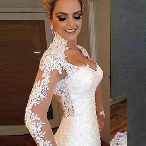 Latest Elegant Ivory Lace Long Sleeve Bridal Wedding Dresses Plunge V Neckline Illusion Back Wedding Gowns for Bride Appliqued