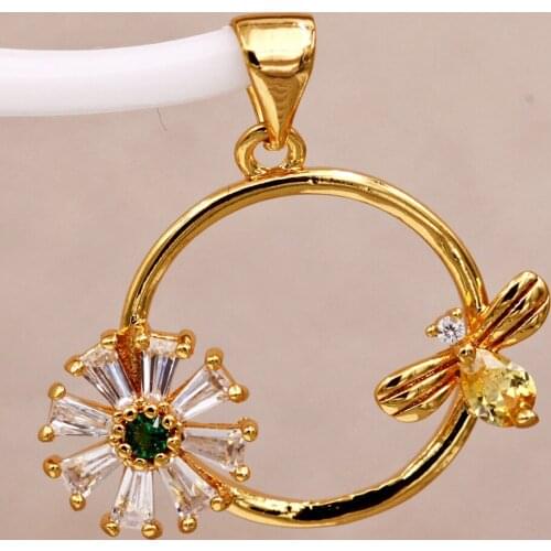 Trendy Gold Plated Plant Flower Bee Pendant With White Zirconia Copper For Women Girls Fashion Jewelry Accessories Party Weddin