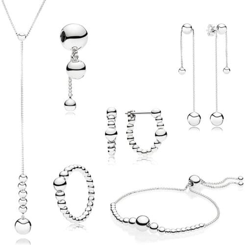 NEW 100% 925 Sterling Silver New String of Beads Collection Ring Hoop Earrings Necklace SLIDING BRACELET Hanging Charm