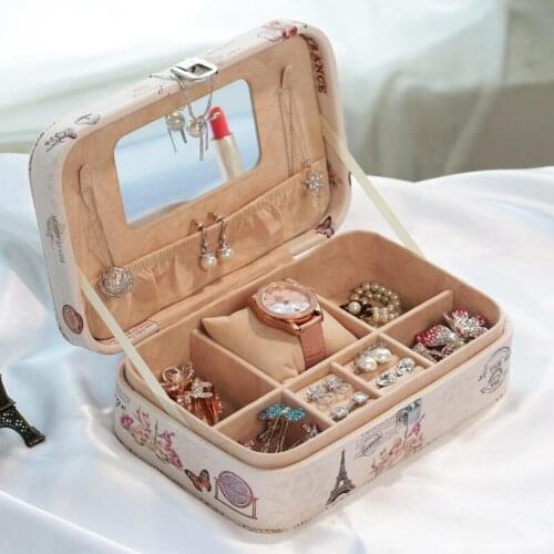Korean Style Earrings Plate Jewelry Box Protable Cartoon Print Leather Earrings Ring Multi-function Jewellery Storage Boxes